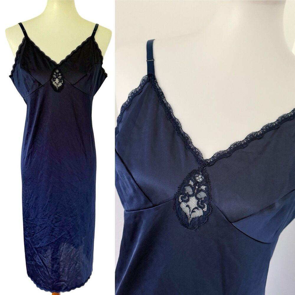 Vtg Vanity Fair Full Slip Dress Size 40 TT Large Navy Blue Nylon Lace Glam Vixen